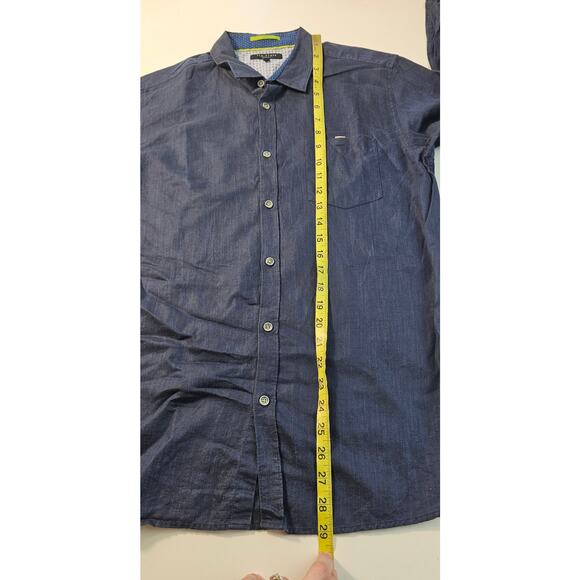 Ted Baker Button Up Shirt 4 linen blend Long Sleeve Blue Chambray Roll Tab EUC - Picture 7 of 7